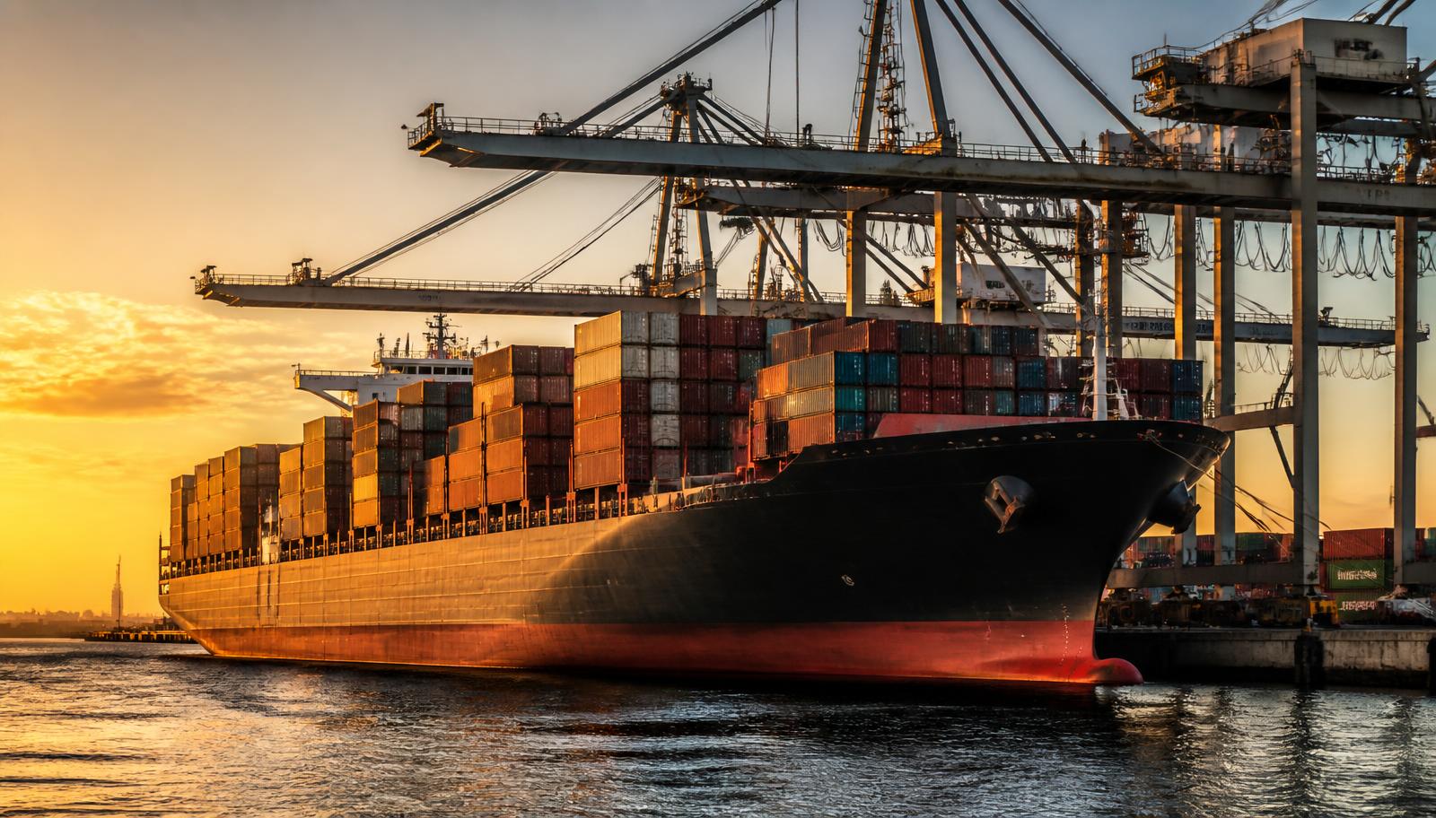 Port cranes lifting containers onto a vessel