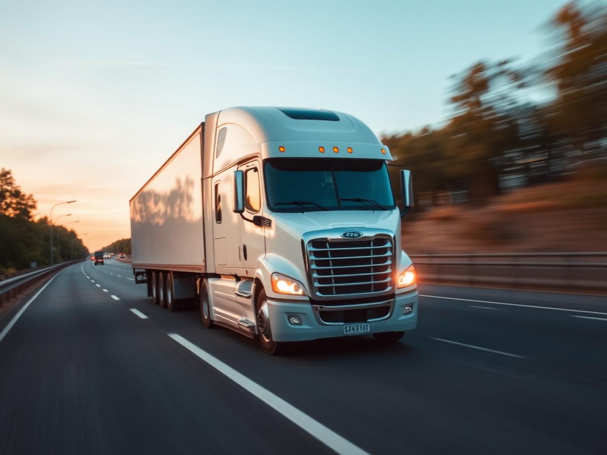 Long-haul truck on a highway at sunrise