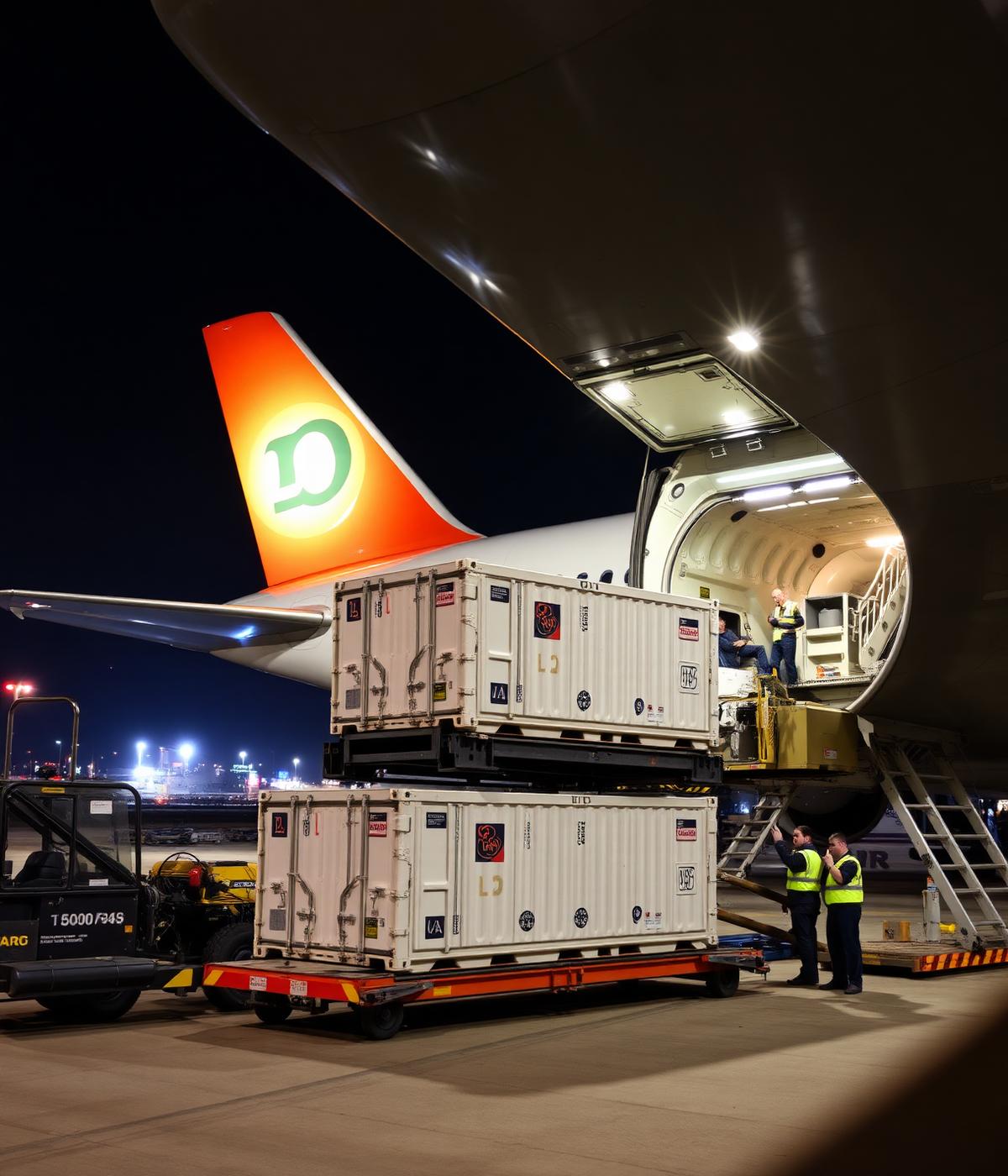 Cargo aircraft being loaded with air freight containers at night