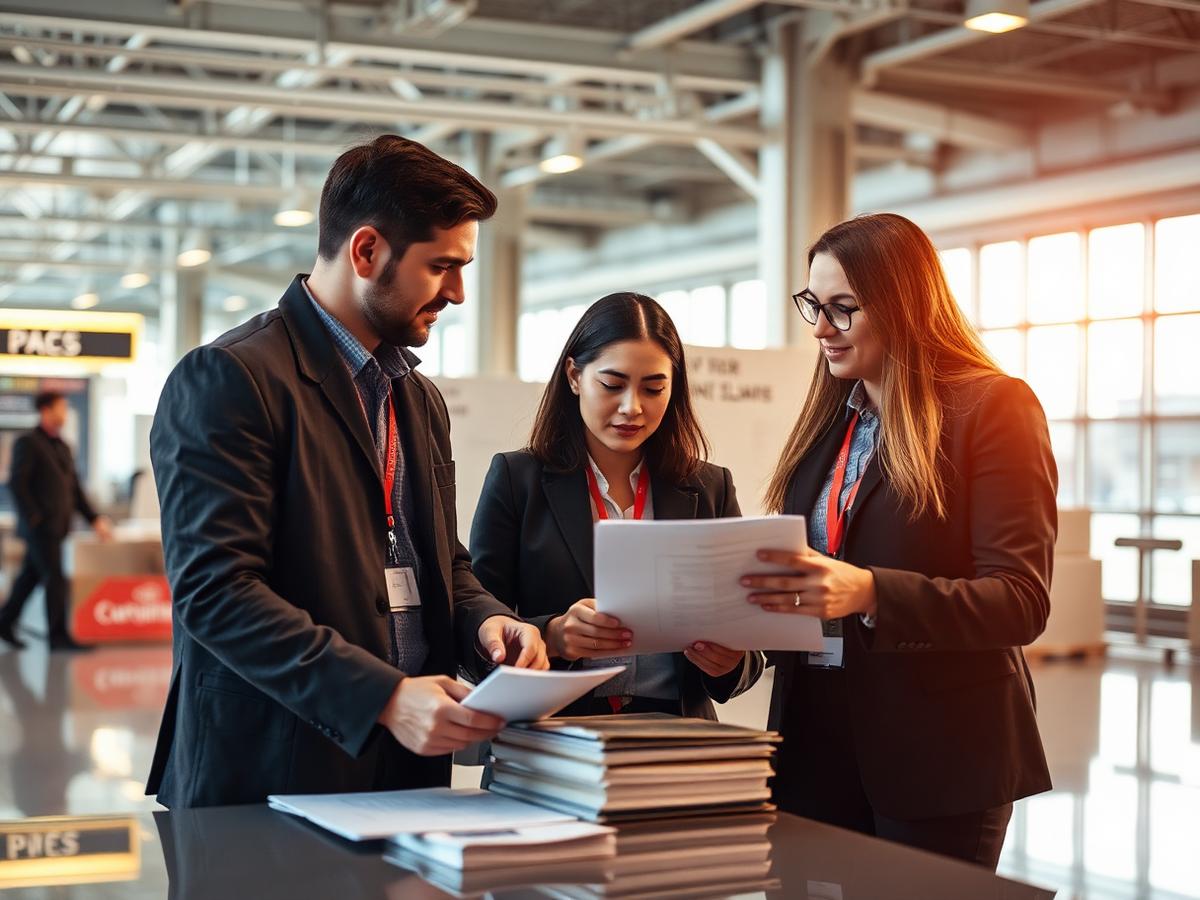Logistics specialists reviewing air waybills in a cargo terminal office