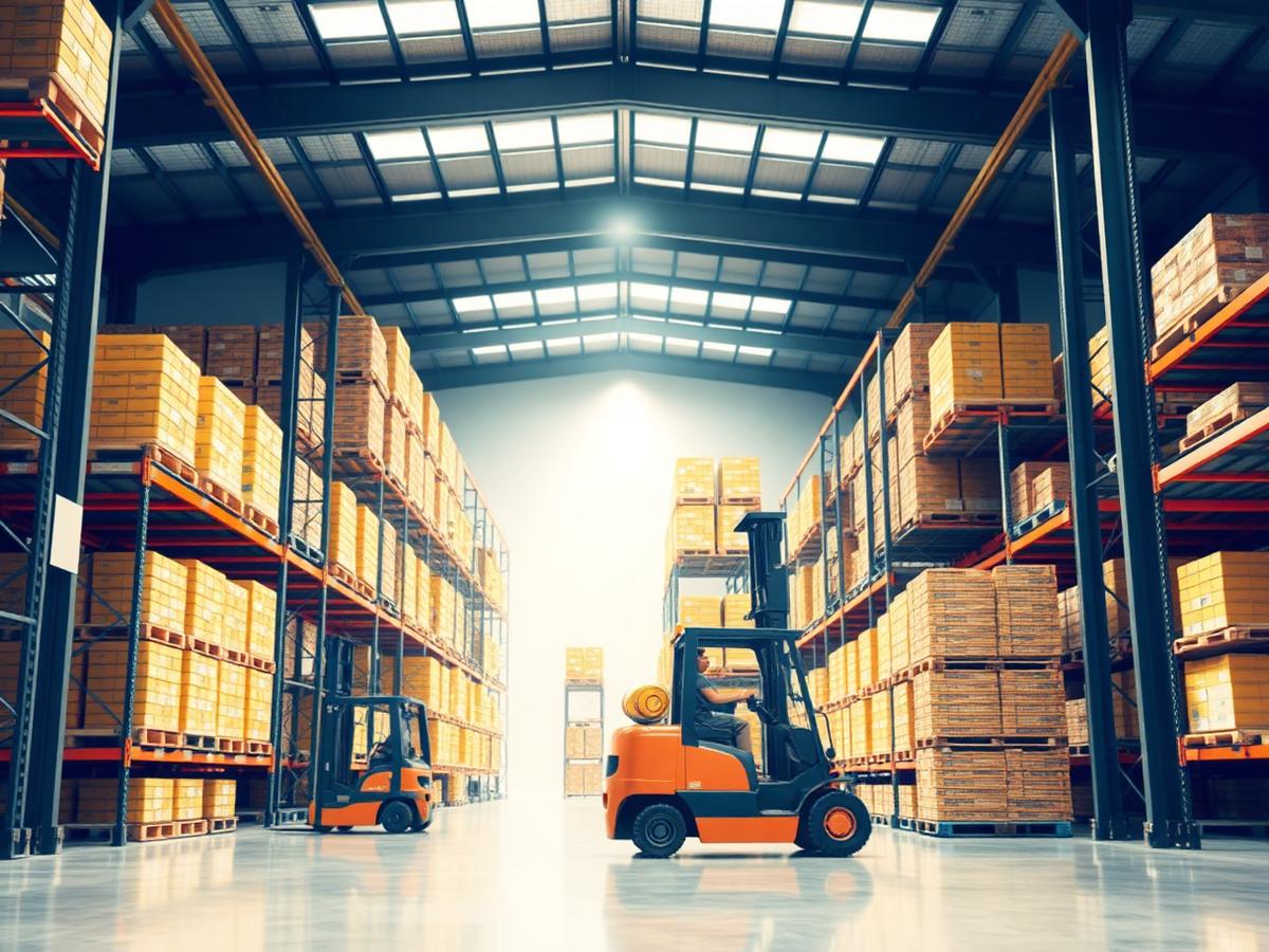Forklift operating inside a modern distribution warehouse